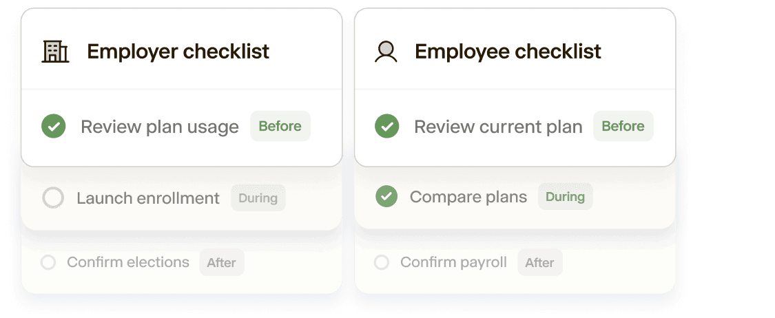 Side-by-side employer and employee checklists with before, during, and after tasks